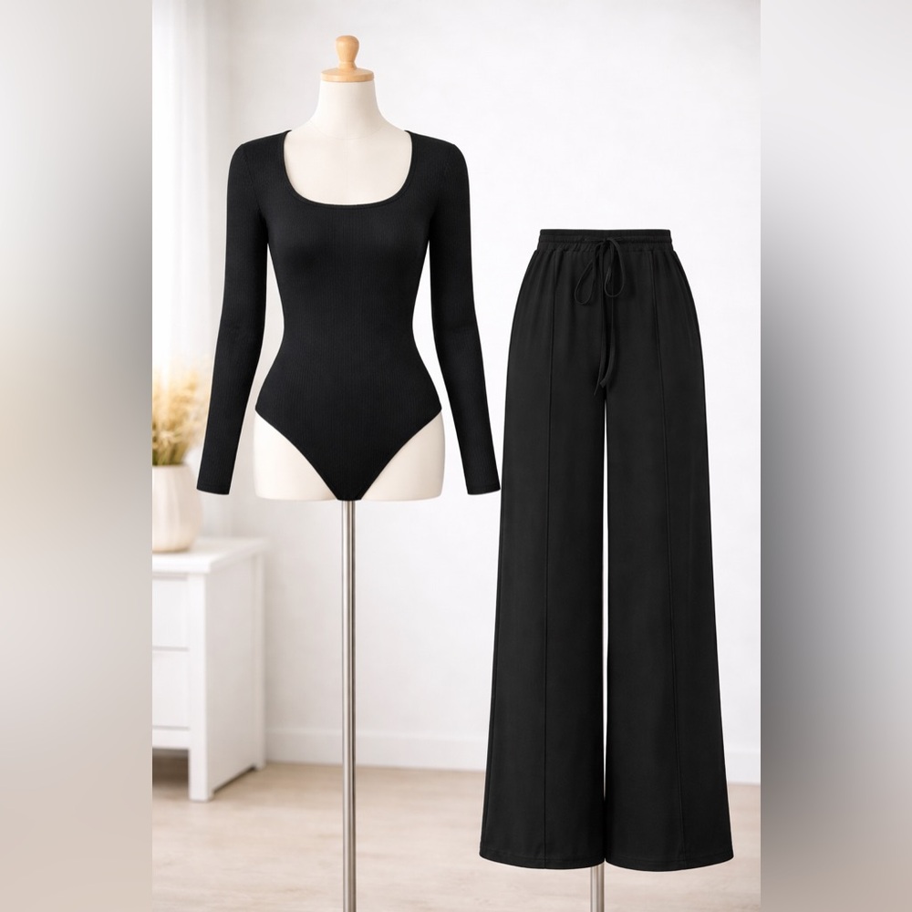 SHEIN Black Wide Leg Pants & Bodysuit Set